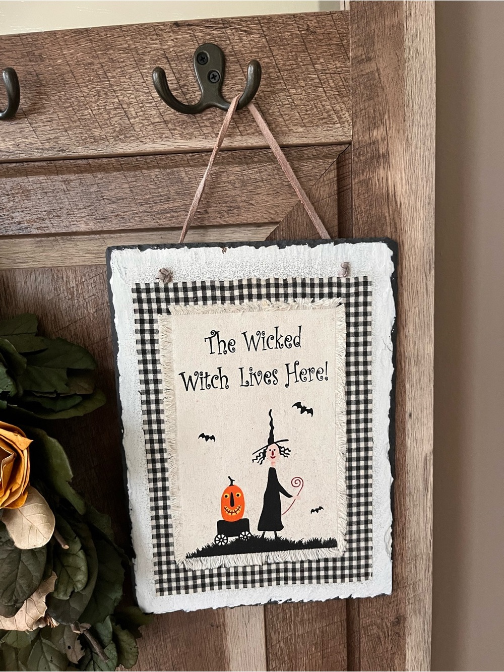 Wicked Witch Lives Here Halloween Wall Sign - Black, White & Orange